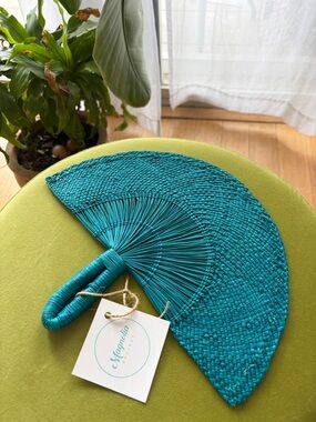 Magnolia Teal Handwoven Raffia Fan